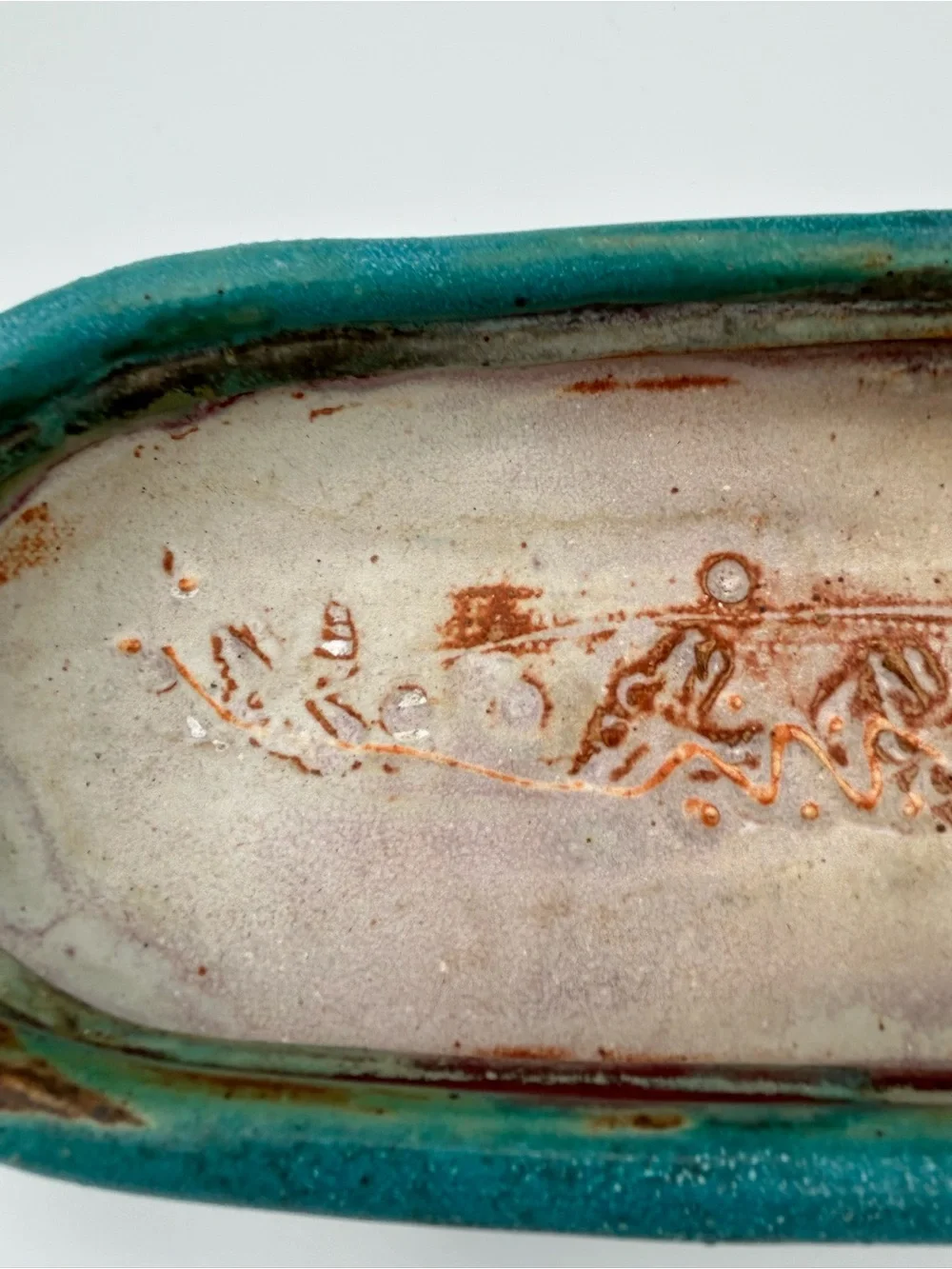 Studio Pottery Oval Serving Tray Trinket Dish Blue Gray Signed Decorative Scene